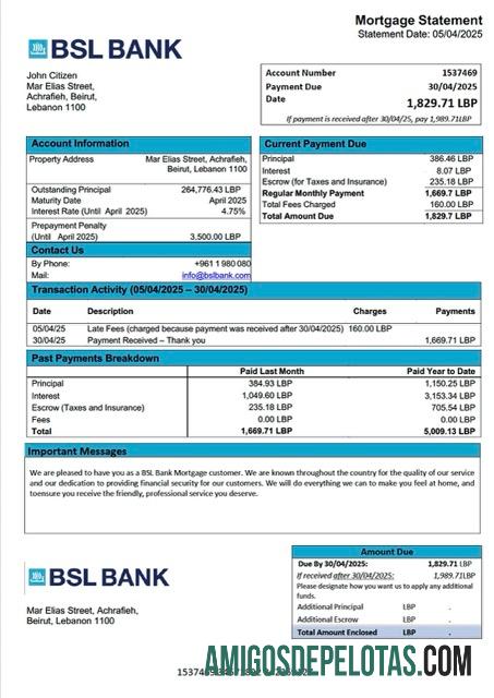 imprimível Modelo Word e PDF de extrato de hipoteca do Banco BSL do Líbano